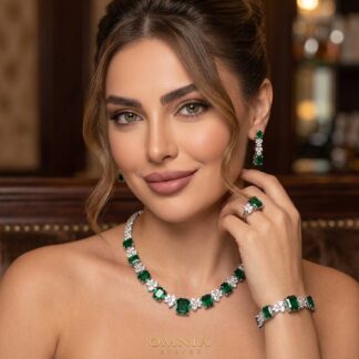 Omnia Amelia Green Bridal Full Set with Emerald and Pear-Cut High-Quality Simulated Diamonds in High-Quality Rhodium Plating