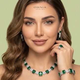 Omnia Amelia Green Bridal Full Set with Emerald and Pear-Cut High-Quality Simulated Diamonds in High-Quality Rhodium Plating