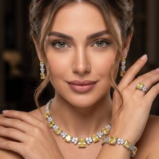Omnia Amelia Yellow Bridal Full Set with Radiant and Pear-Cut High-Quality Simulated Diamonds in High-Quality Rhodium Plating