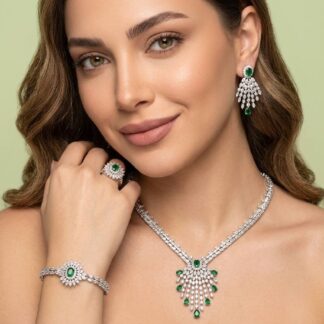 Omnia Asmaa Green Luxury Bridal Full Set with Sparkling Zircon Stones in High-Quality Rhodium Plated Finish