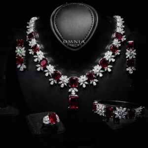Omnia Charlene Red Bridal Full Set with Radiant and Pear-Cut High-Quality Simulated Diamonds Rhodium Plated