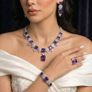 Omnia Charlene Purple Bridal Full Set with Radiant and Pear-Cut High-Quality Simulated Diamonds Rhodium Plated