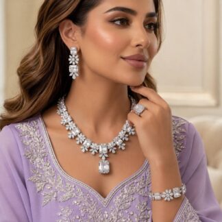 Omnia Charlene White Luxury Bridal Full Set with Radiant and Pear-Cut High-Quality Iced Cut Stones Rhodium Plated