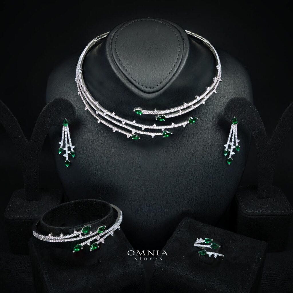 Yuliana Luxury Green Bridal Full Set with High-Quality Premium Zircon Stones, Rhodium-Plated