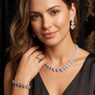 Omnia Donatella White Bridal Full Set with Heart-Cut High-Quality Simulated Diamonds Rhodium Plated
