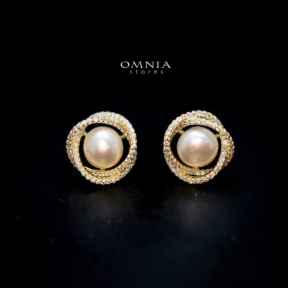 Omnia Dina Pearl Stud Earrings with High Quality Iced Cut Stone in 92.5 Silver