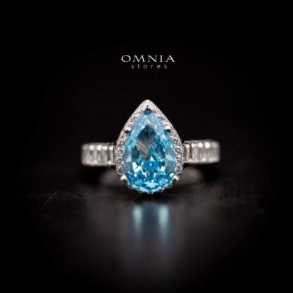 Omnia Layal Pear Shaped Sky Blue Ring in 92.5 Silver with High Quality Simulated Diamonds