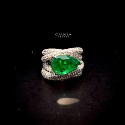 Omnia Grace Emerald Stone Ring in 92.5 Silver with High Quality Simulated Diamonds