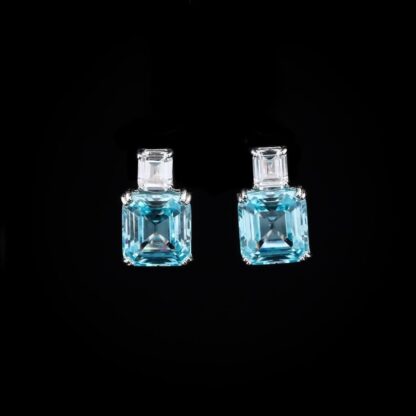 Omnia Candice Sky blue Emerald Cut Clip-On Earrings in 92.5 Silver with High Quality Simulated Diamonds