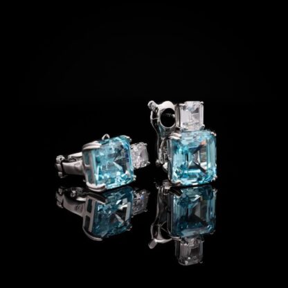 Omnia Candice Sky blue Emerald Cut Clip-On Earrings in 92.5 Silver with High Quality Simulated Diamonds - Image 5