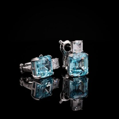 Omnia Candice Sky blue Emerald Cut Clip-On Earrings in 92.5 Silver with High Quality Simulated Diamonds - Image 4