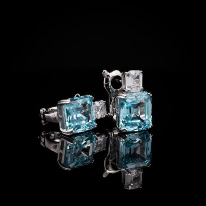 Omnia Candice Sky blue Emerald Cut Clip-On Earrings in 92.5 Silver with High Quality Simulated Diamonds - Image 2