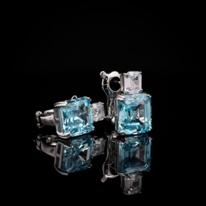 Omnia Candice Sky blue Emerald Cut Clip-On Earrings in 92.5 Silver with High Quality Simulated Diamonds - Image 7