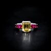 Omnia Zayna Yellow Emerald Cut Ring 92.5 Silver with High-Quality Simulated Diamonds and Ruby Accents