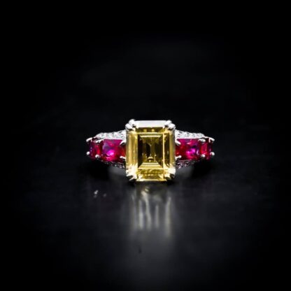 Omnia Zayna Yellow Emerald Cut Ring 92.5 Silver with High-Quality Simulated Diamonds and Ruby Accents