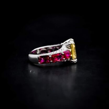 Omnia Zayna Yellow Emerald Cut Ring 92.5 Silver with High-Quality Simulated Diamonds and Ruby Accents - Image 2