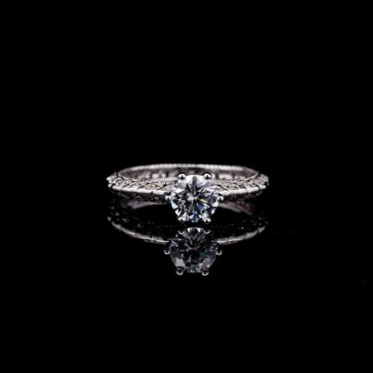 Omnia Farah Solitaire Engagement Ring in 92.5 Silver with High-Quality Simulated Diamonds and Intricate Band Design