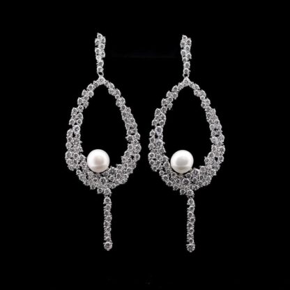 Omnia Samar Teardrop Pearl Earrings with Intricate Design in 92.5 Silver and High-Quality Simulated Diamonds - Image 3