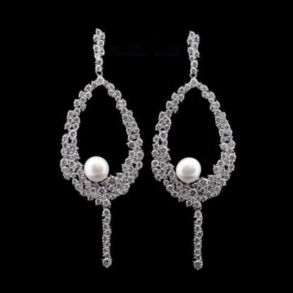 Omnia Samar Teardrop Pearl Earrings with Intricate Design in 92.5 Silver and High-Quality Simulated Diamonds