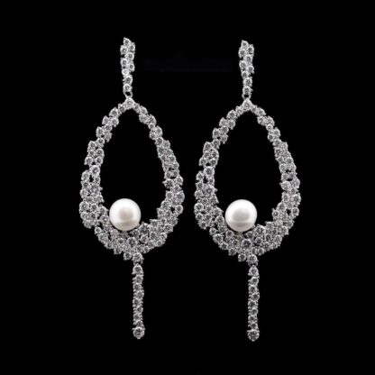 Omnia Samar Teardrop Pearl Earrings with Intricate Design in 92.5 Silver and High-Quality Simulated Diamonds - Image 2