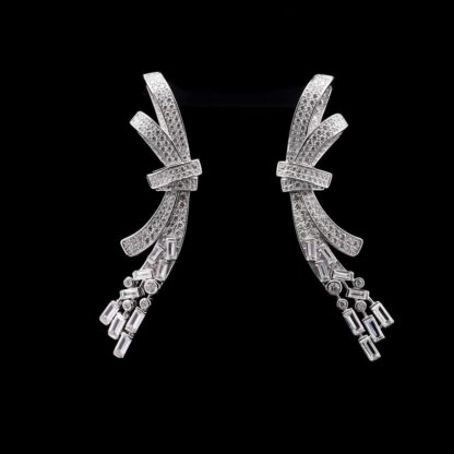Omnia Celeste Bow Design Earrings in 92.5 Silver with High-Quality Simulated Diamonds and Elegant Dangling Accents