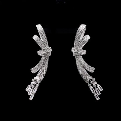Omnia Celeste Bow Design Earrings in 92.5 Silver with High-Quality Simulated Diamonds and Elegant Dangling Accents - Image 2