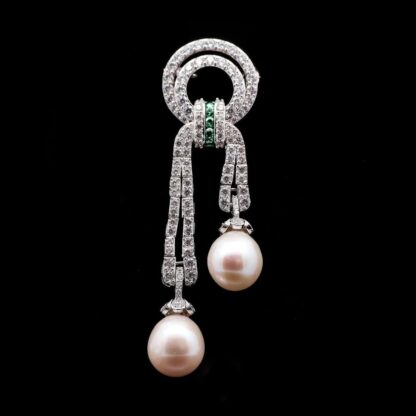 Omnia Selene Pearl Drop Brooch in 92.5 Silver with High-Quality Simulated Diamonds and Emerald Accents