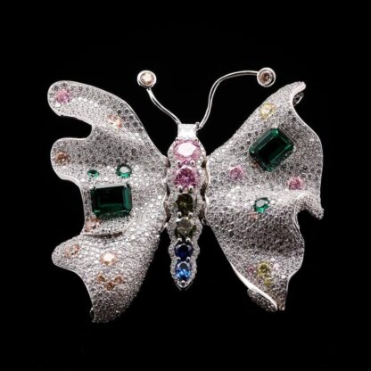 Omnia Leona Butterfly Brooch in 92.5 Silver with High-Quality Simulated Diamonds and Multi-Color Stones