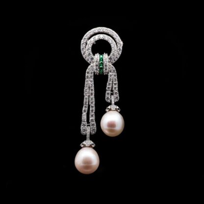 Omnia Selene Pearl Drop Brooch in 92.5 Silver with High-Quality Simulated Diamonds and Emerald Accents - Image 2