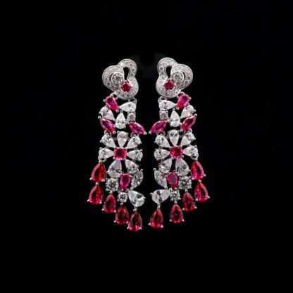Omnia Blossom Drop Earrings with Ruby Red and White Simulated Diamonds in 92.5 Silver - Image 2