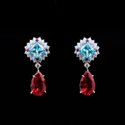 Omnia Radiant Drop Earrings with Sky Blue and Ruby Red Teardrop Stones in 92.5 Silver
