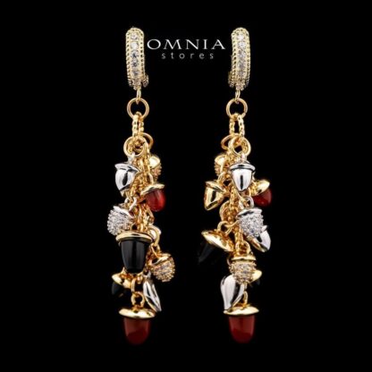 Omnia Sienna Black Agate and Red Agate Charm Dangle Earrings with Zircon Accents in Brass with Gold Plated Finish