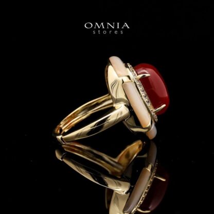 Omnia Ayesha Ring in Brass Gold Plated with White Shell & Red Agate - Image 3