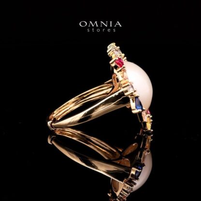 Omnia Serena White Mabel Pearl Halo Ring with Multi-Color Zircon Accents in Brass with Gold Plated Finish - Image 3
