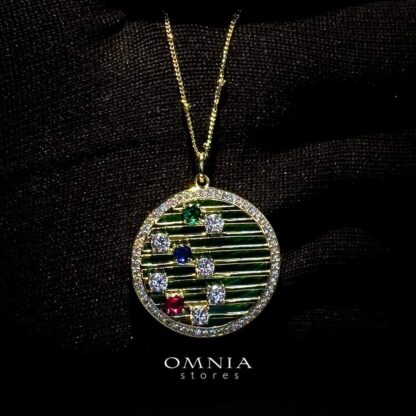 Omnia Celestia Malachite Round Pendant Necklace with Multi-Color Zircon Accents in Brass with Gold Plated Finish