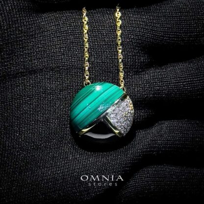 Omnia Selene Malachite and Black Agate Geometric Pendant Necklace with Zircon Accents in 92.5 Silver and Brass with Gold Plated Finish