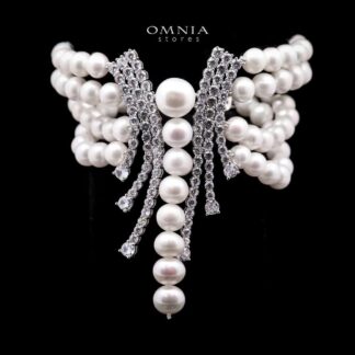 Omnia Shanina Bridal Bracelet Designed with Multi-Strand Freshwater Real Pearls and High-Quality Simulated Diamonds in a Luxurious Rhodium Plated Finish