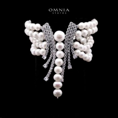 Omnia Shanina Bridal Bracelet Designed with Multi-Strand Freshwater Real Pearls and High-Quality Simulated Diamonds in a Luxurious Rhodium Plated Finish - Image 2