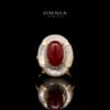 Omnia Ayesha Ring in Brass Gold Plated with White Shell & Red Agate