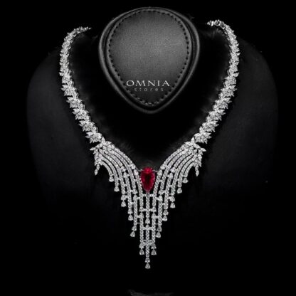 Omnia Abir Maroon Bridal Necklace & Earrings Set in 925 Silver with Pear and Marquise-Cut High-Quality Simulated Diamonds - Image 2
