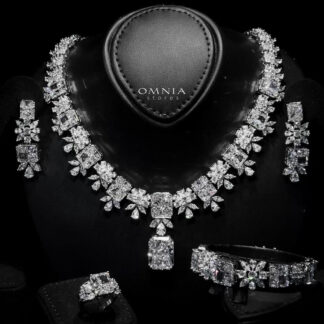 Omnia Charlene White Luxury Bridal Full Set with Radiant and Pear-Cut High-Quality Iced Cut Stones Rhodium Plated