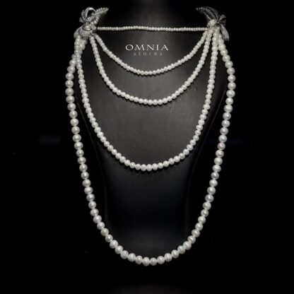 Omnia Almas Bow Fresh Water Pearl Long Chain Necklace with High Quality Simulated Diamonds - Image 2