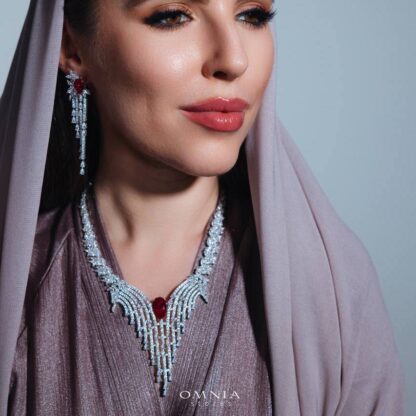 Omnia Abir Maroon Bridal Necklace & Earrings Set in 925 Silver with Pear and Marquise-Cut High-Quality Simulated Diamonds - Image 3
