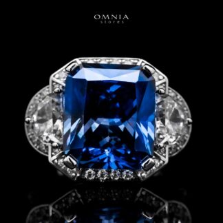 Omnia Sadeen Emerald Cut Sapphire Blue Ring in 92.5 Silver with High Quality Simulated Diamonds