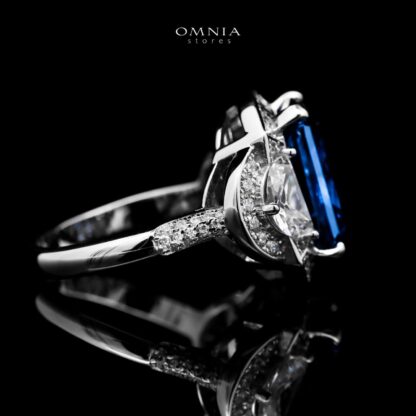 Omnia Sadeen Emerald Cut Sapphire Blue Ring in 92.5 Silver with High Quality Simulated Diamonds - Image 3