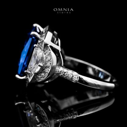 Omnia Sadeen Emerald Cut Sapphire Blue Ring in 92.5 Silver with High Quality Simulated Diamonds - Image 2