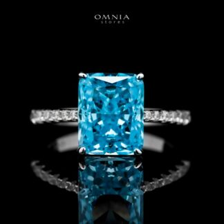 Omnia Alcina Radiant Cut Sky Blue Ring in 92.5 Silver with High Quality Simulated Diamonds