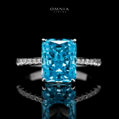 Omnia Alcina Radiant Cut Sky Blue Ring in 92.5 Silver with High Quality Simulated Diamonds