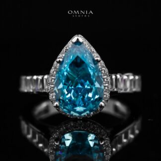 Omnia Layal Pear Shaped Sky Blue Ring in 92.5 Silver with High Quality Simulated Diamonds