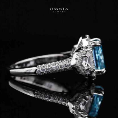 Omnia Aseel Radiant Cut Sky Blue Ring in 92.5 Silver with High Quality Simulated Diamonds - Image 3